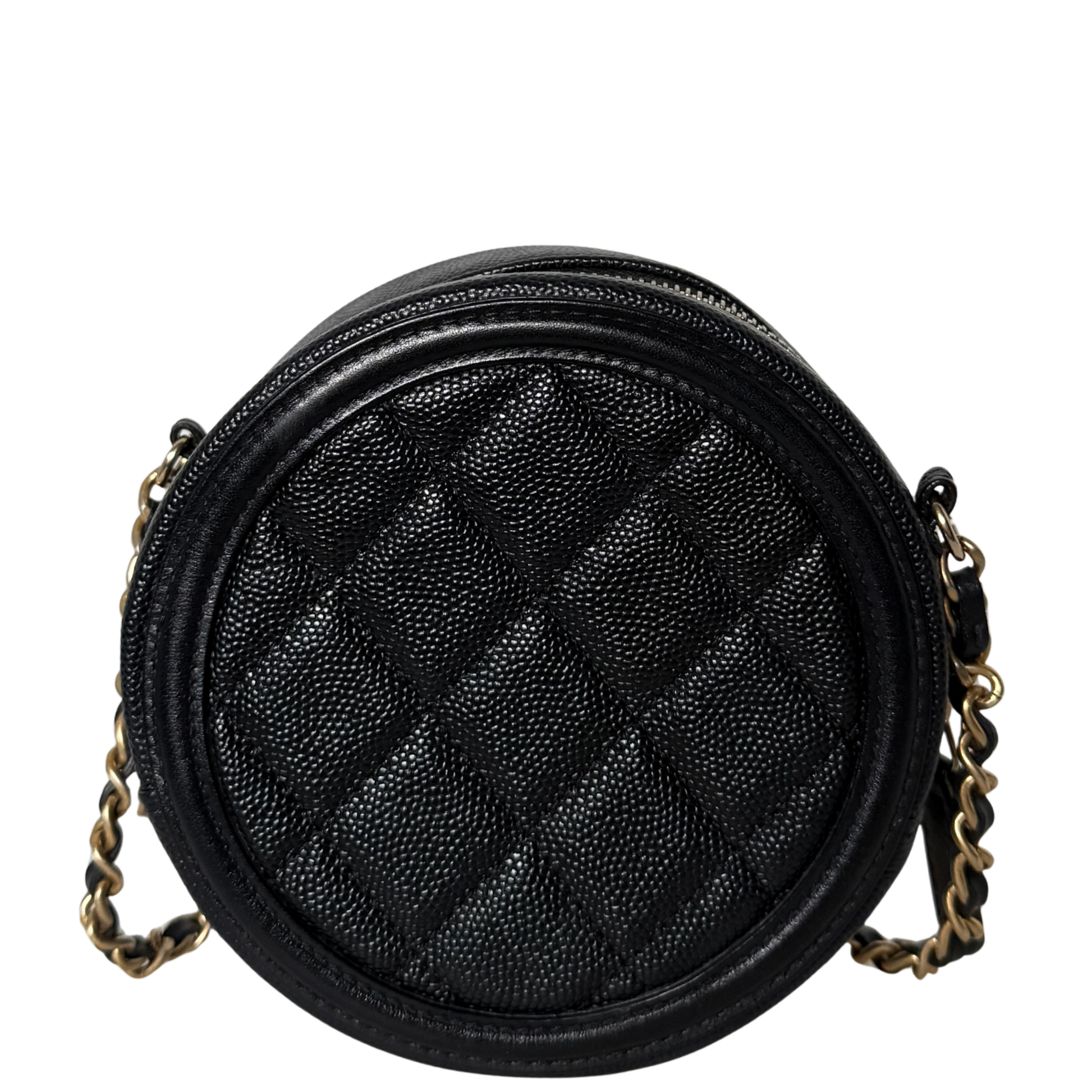 Chanel Runde CC Filigree Clutch aus Kaviarleder Schwarz / sehr gut Chanel