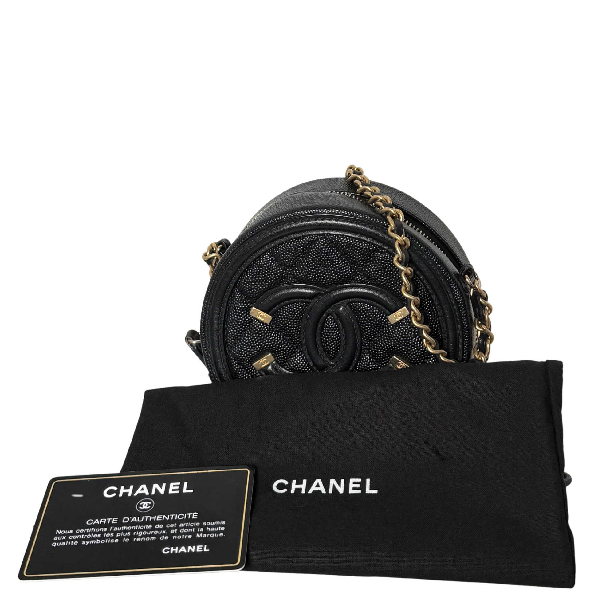 Chanel Runde CC Filigree Clutch aus Kaviarleder Schwarz / sehr gut Chanel