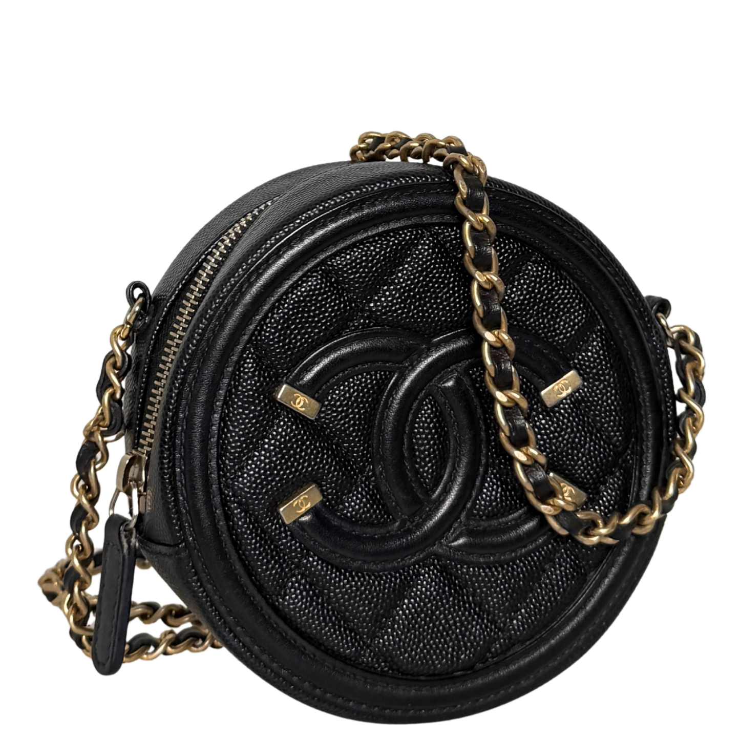 Chanel Runde CC Filigree Clutch aus Kaviarleder Schwarz / sehr gut Chanel