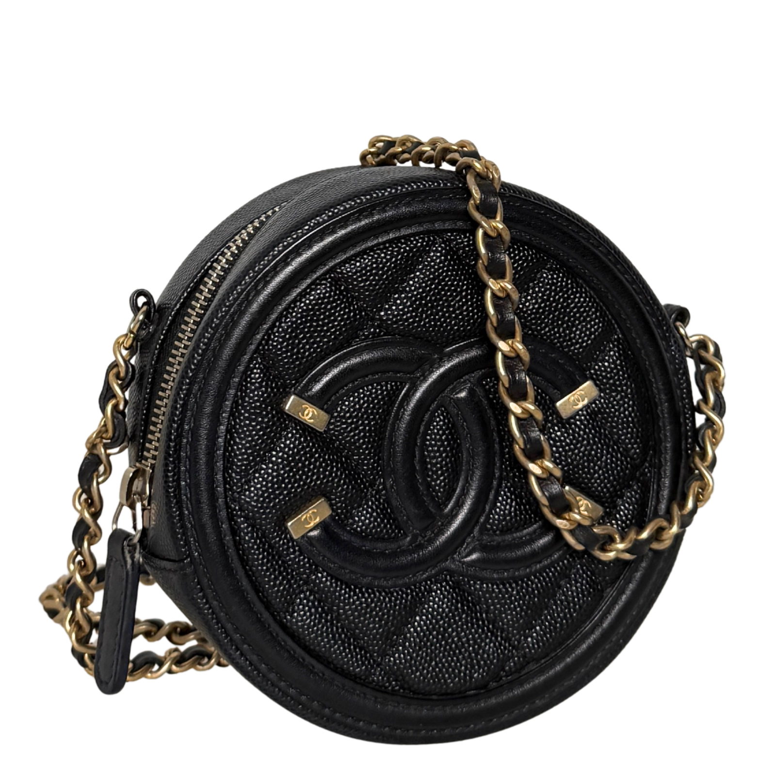 Chanel Runde CC Filigree Clutch aus Kaviarleder Schwarz / sehr gut Chanel