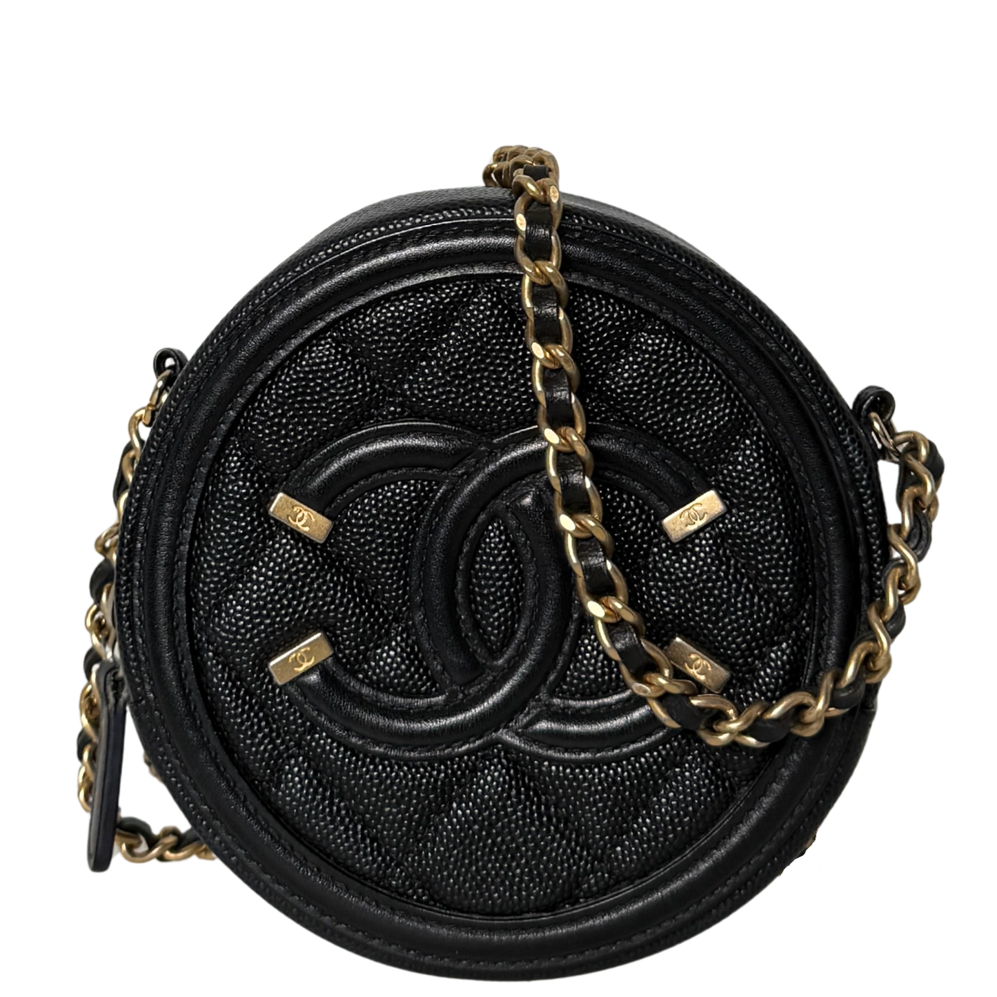Chanel Runde CC Filigree Clutch aus Kaviarleder Schwarz / sehr gut Chanel