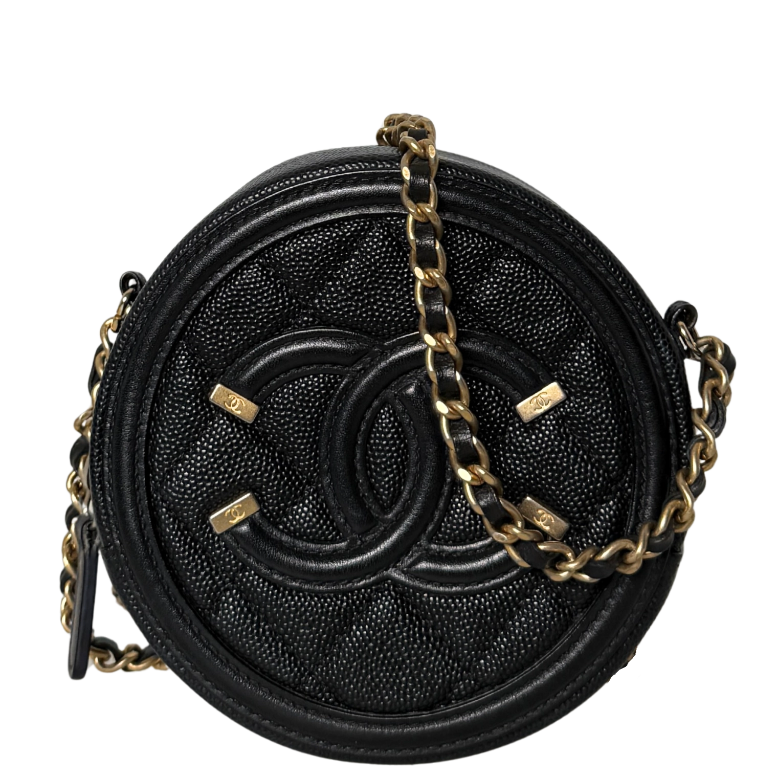 Chanel Runde CC Filigree Clutch aus Kaviarleder Schwarz / sehr gut Chanel