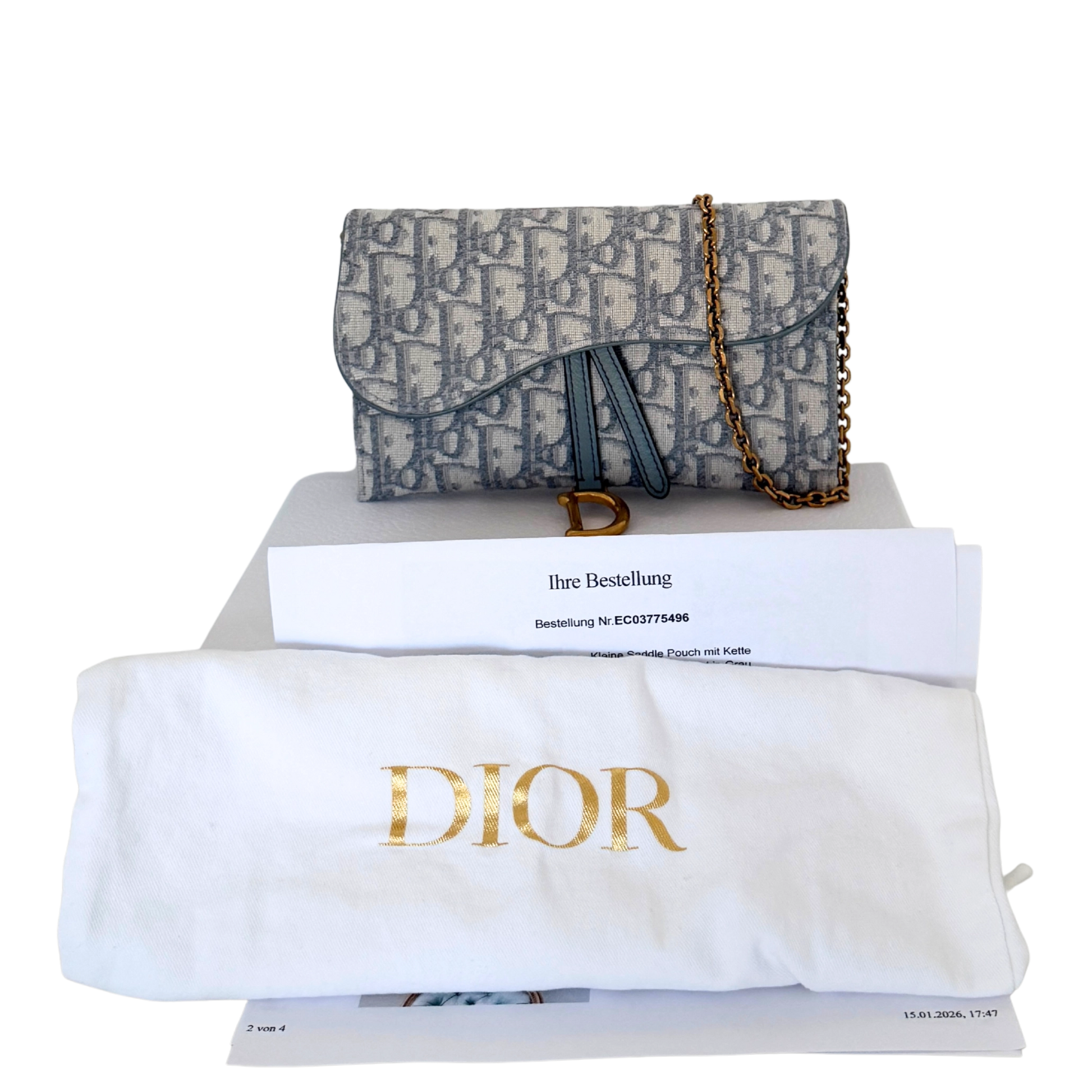 Dior kleine Saddle Pouch mit Kette Dior Oblique Jacquard Grau Fullset / neuwertig Dior