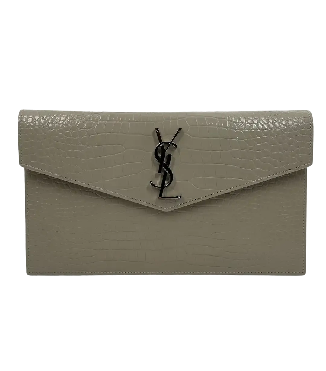 Saint Laurent Kalbsleder Krokodil geprägte Uptown Monogramm Pouch Creme / neuwertig Saint Laurent