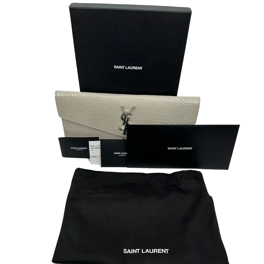 Saint Laurent Kalbsleder Krokodil geprägte Uptown Monogramm Pouch Creme / neuwertig Saint Laurent