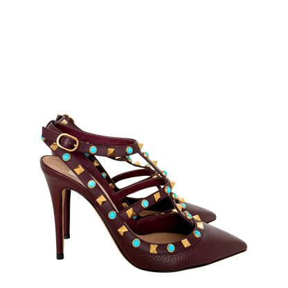 Valentino Rockstud T-Strap Pumps bordeauxrot Größe 38 / sehr gut Valentino