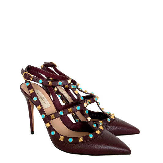 Valentino Rockstud T-Strap Pumps bordeauxrot Größe 38 / sehr gut Valentino