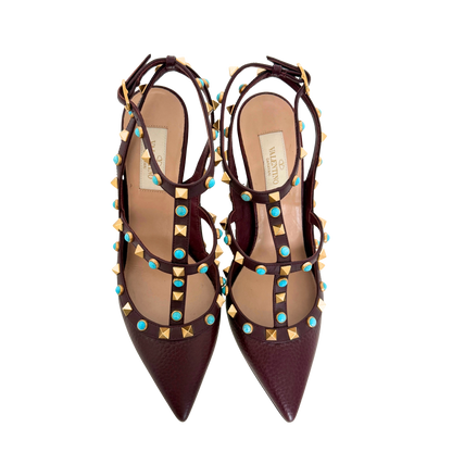 Valentino Rockstud T-Strap Pumps bordeauxrot Größe 38 / sehr gut Valentino