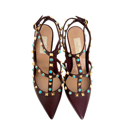 Valentino Rolling Rockstud T-Strap Pumps bordeaux rot Größe 38 / sehr gut Valentino