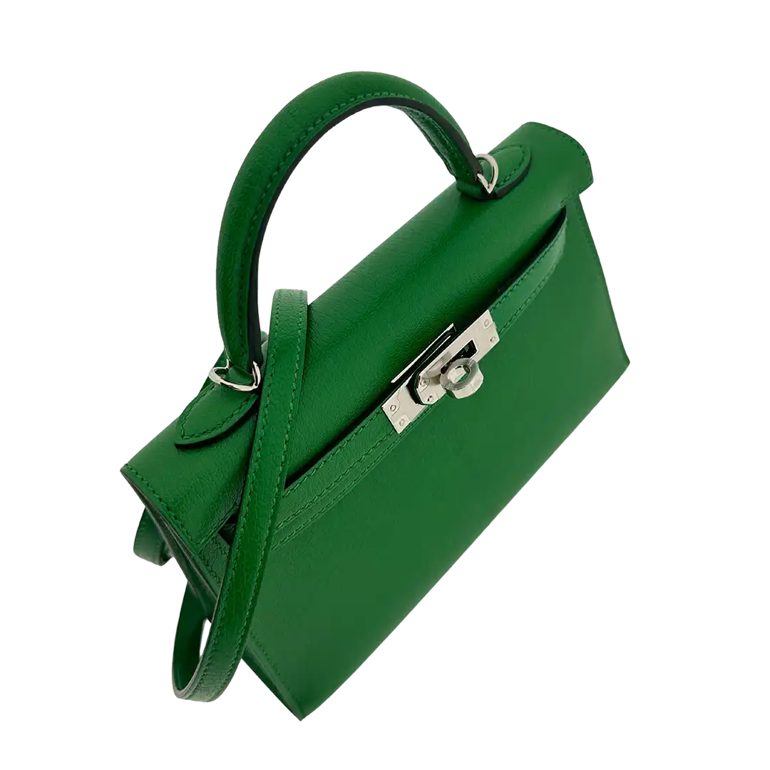 Hermès Mini Kelly II 20 Sellier Chevre Chamkila 1k Bambou Paladium Fullset / ungetragen Hermès