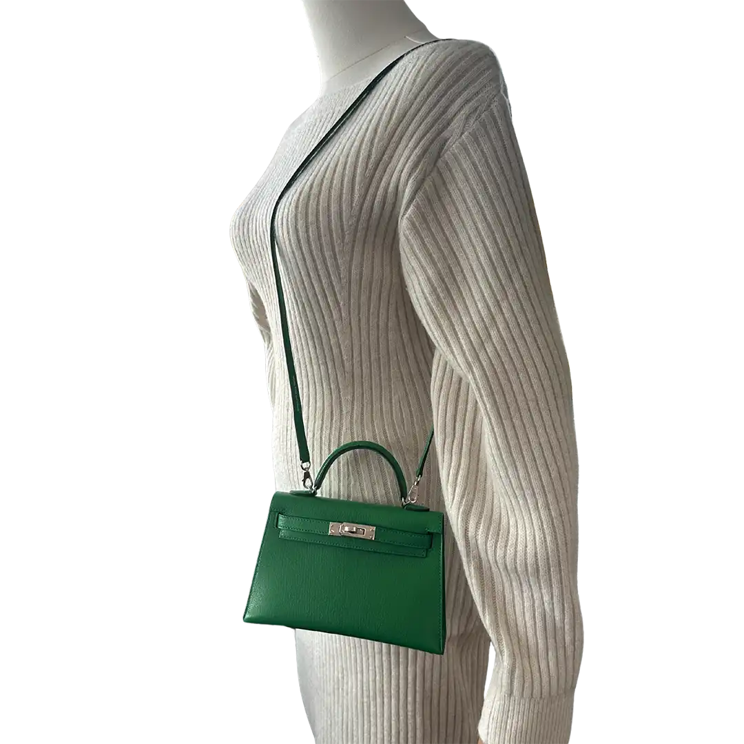 Hermès Mini Kelly II 20 Sellier Chevre Chamkila 1k Bambou Paladium Fullset / ungetragen Hermès