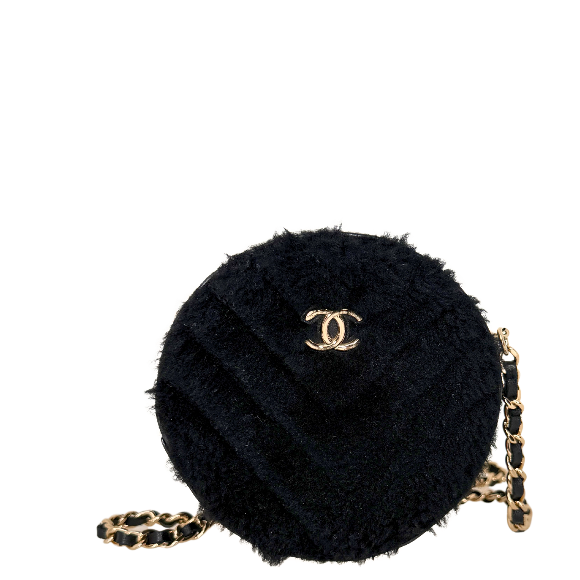 Chanel Round Clutch Chevron Shearling Mini schwarz / sehr gut Chanel