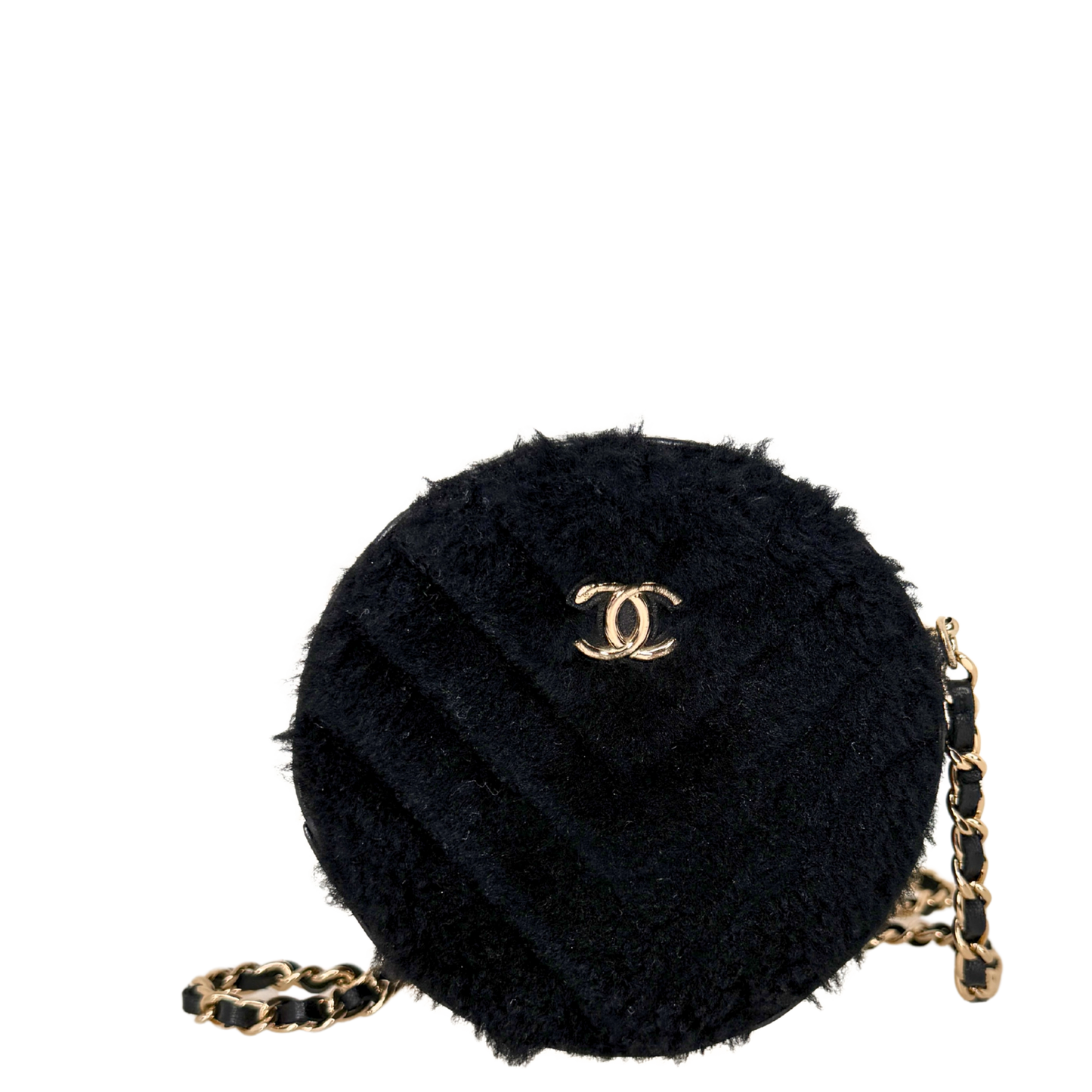 Chanel Round Clutch Chevron Shearling Mini schwarz / sehr gut Chanel