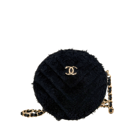 Chanel Round Clutch Chevron Shearling Mini schwarz / sehr gut Chanel
