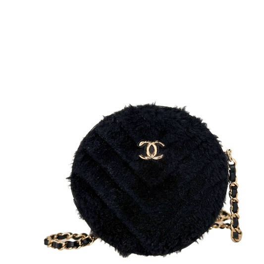 Chanel Round Clutch Chevron Shearling Mini schwarz / sehr gut Chanel