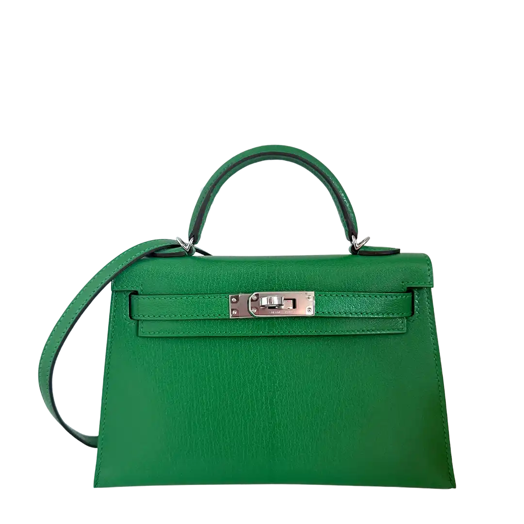 Hermès Mini Kelly II 20 Sellier Chevre Chamkila 1k Bambou Paladium Fullset / ungetragen Hermès