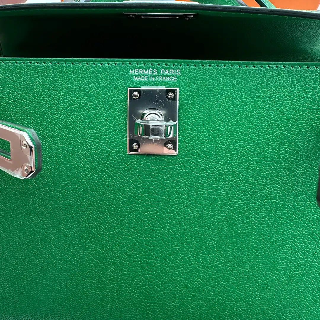 Hermès Mini Kelly II 20 Sellier Chevre Chamkila 1k Bambou Paladium Fullset / ungetragen Hermès