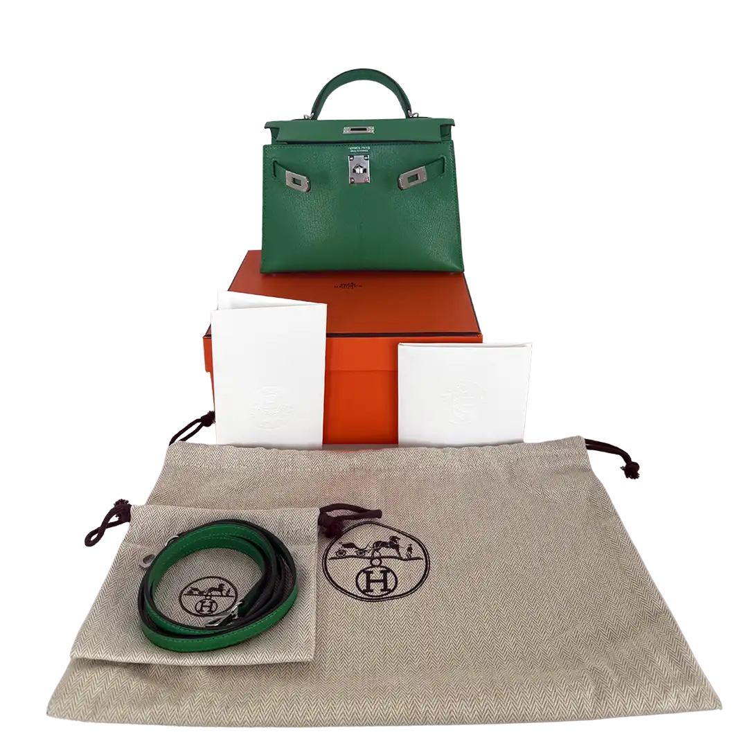 Hermès Mini Kelly II 20 Sellier Chevre Chamkila 1k Bambou Paladium Fullset / ungetragen Hermès