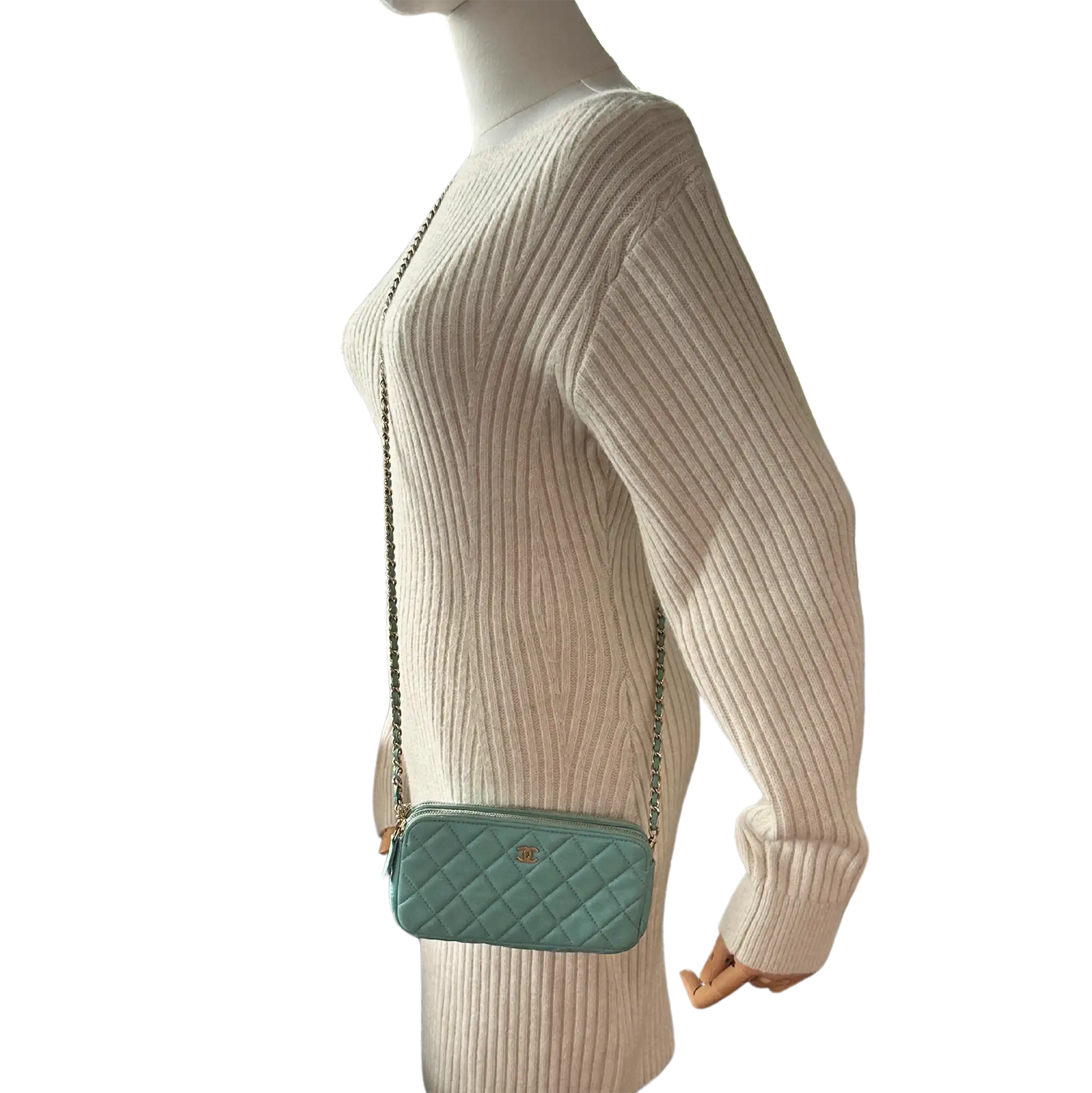 Chanel Double Zip Wallet on Chain light blue 2020 / sehr gut Echtheitscheck